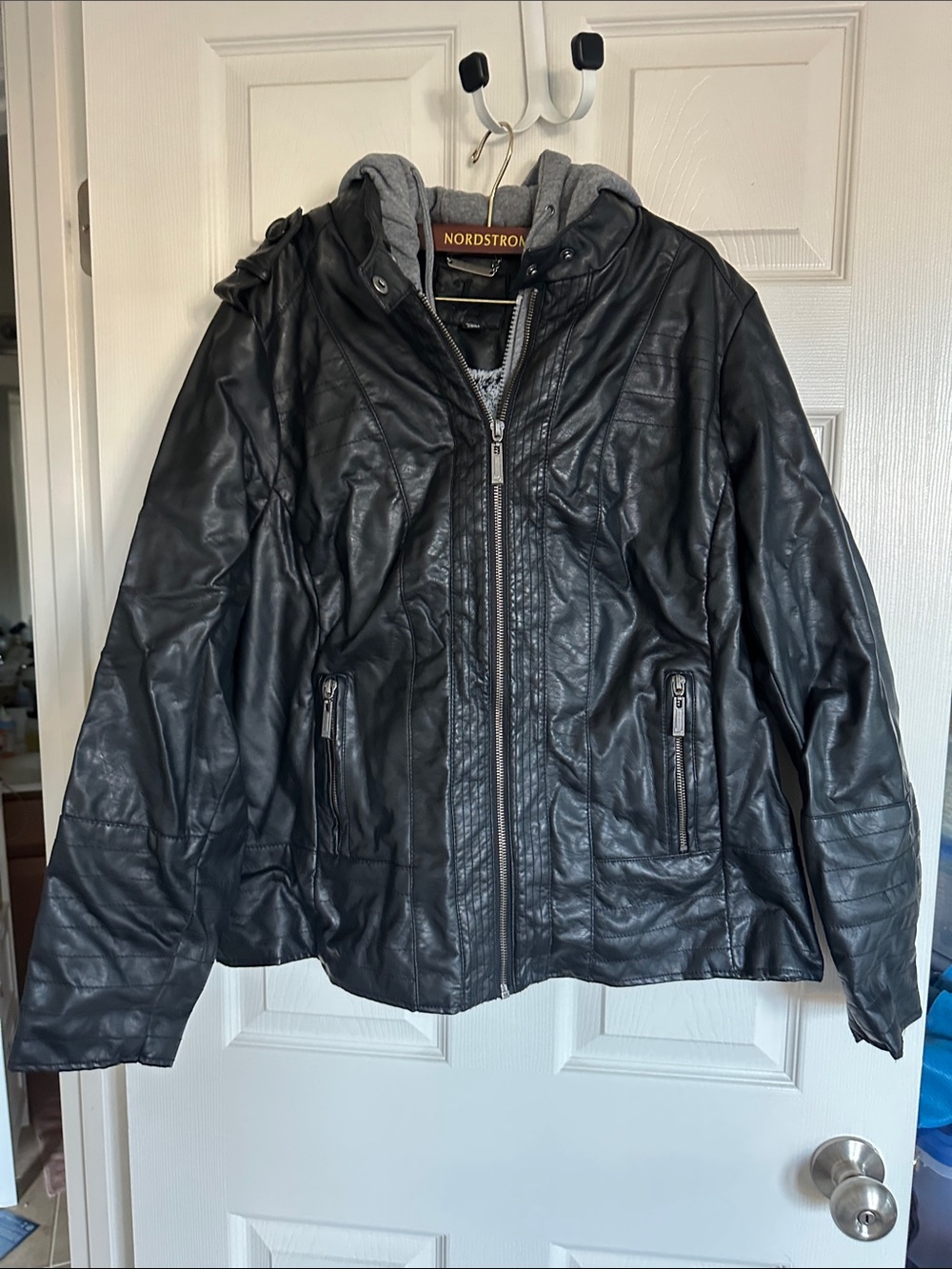 J2 Faux Leather Moto Jacket Faux Fur Lined Layered Hoodie Insert Size 1X Black